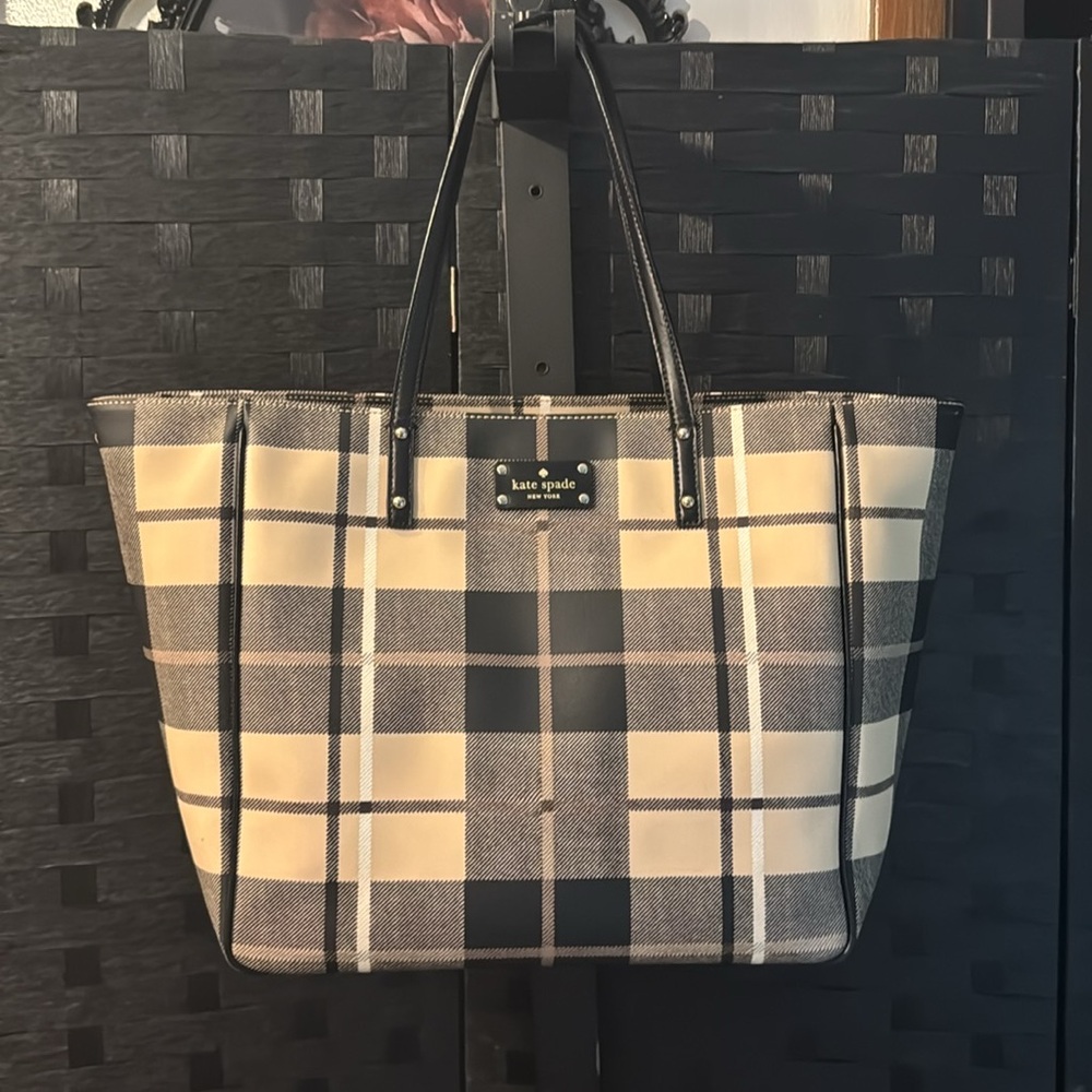 Kate Spade XL Plaid Allison Ave Sidney Tote Black/Tan